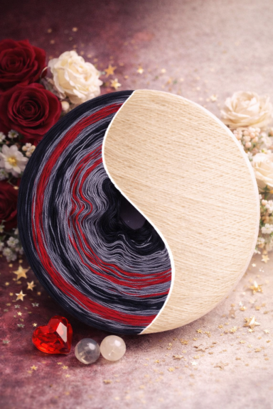Runde Box mit Yin-Yang-Muster, umgeben von roten und weißen Rosen und Dekorationssteinen.