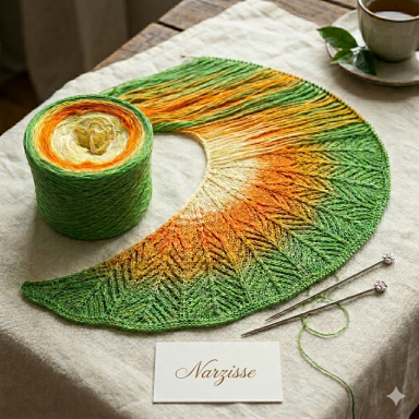 Farbverlaufendes Strickstück in Orange und Grün neben einem Glas Tee und Stricknadeln.