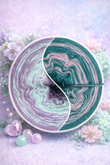 Zwei Farben von Garn in Yin-Yang-Form, umgeben von floralen Dekorationen und Perlen.
