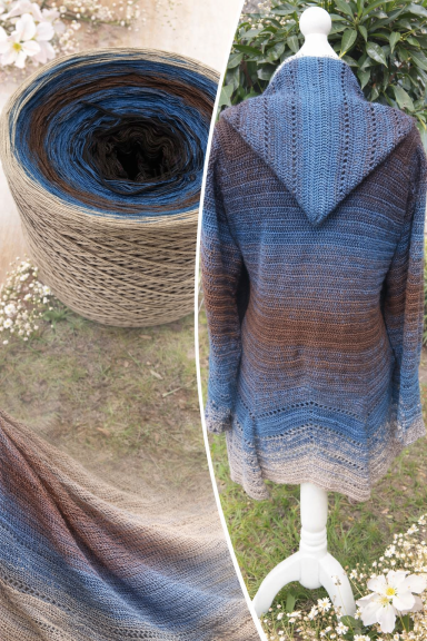 Ein gestrickter Kardiagan mit Kapuze in Blau- und Brauntönen, daneben ein Garnknäuel.
