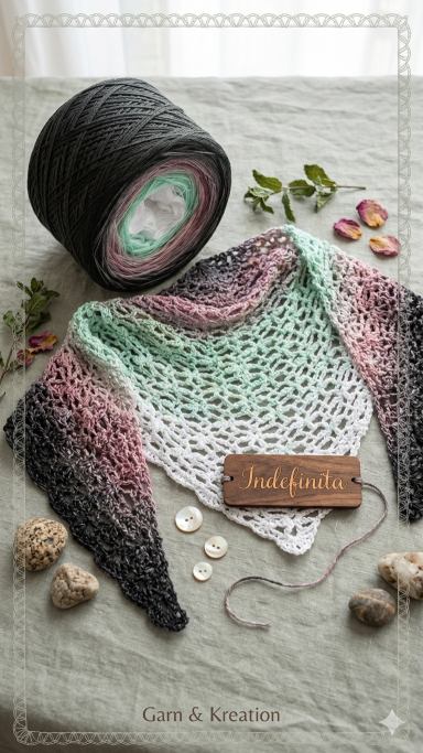 Farbenfrohes, gehäkeltes Tuch aus Garn in Mint-, Rosa- und Grau-Tönen, daneben ein Wollknäuel.