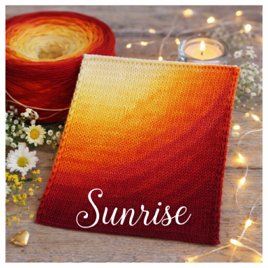 Farbenverlauf von Gelb zu Rot, mit dem Text "Sunrise" und dekorativen Blumen.