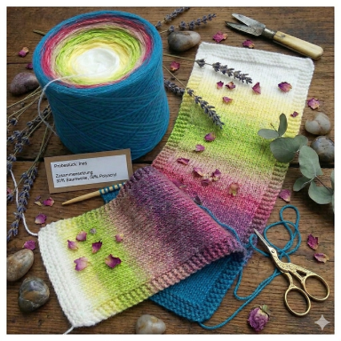 Bunte Strickprojekte mit Wolle, Schere, Steinen und Trockenblumenarrangement.