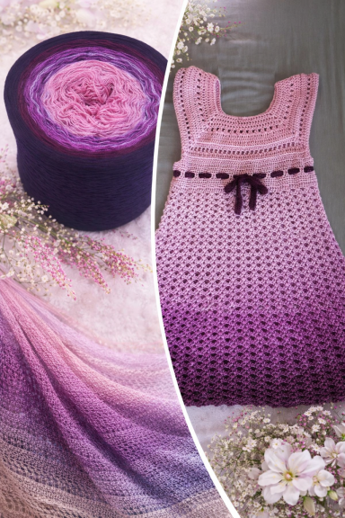 Lila-Gradationsgarn und ein gehäkeltes Kleid in ähnlichen Farbverläufen.